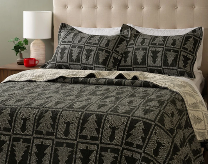 Deep Forest Cotton Quilt Set, Geometric, Green,