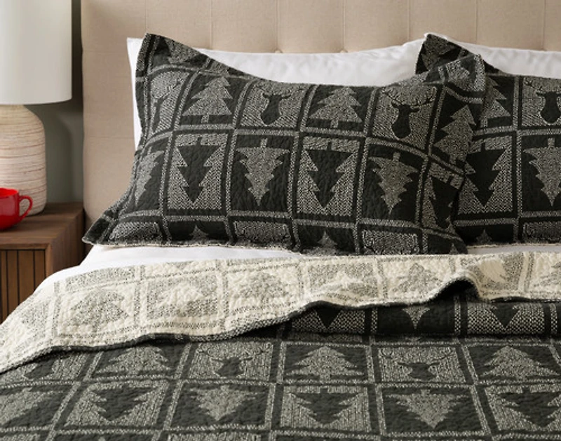 Deep Forest Cotton Quilt Set, Geometric, Green,