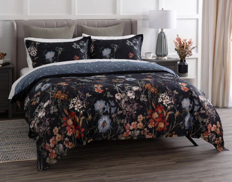 Sarita Duvet Cover, Cotton, Floral, Black,