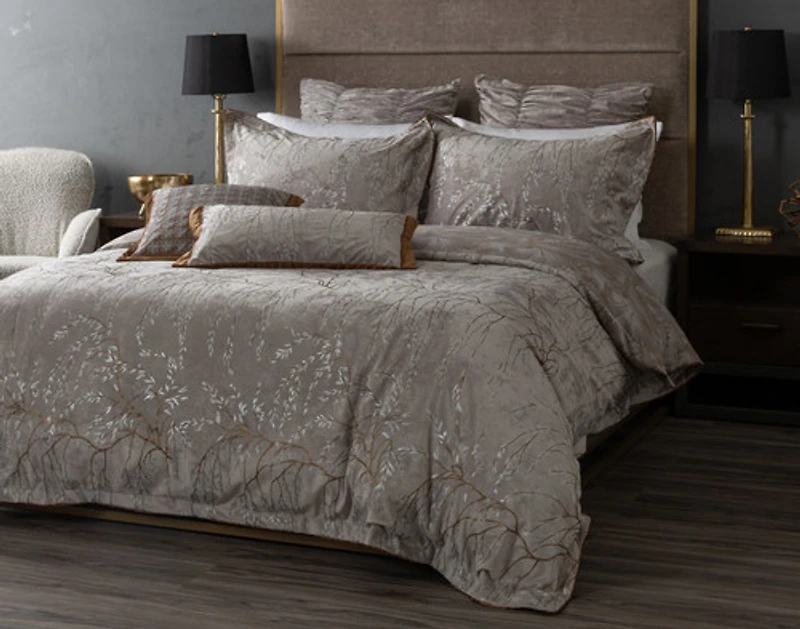Luxembourg Velvet Duvet Cover, Cotton, Botanical, Grey,