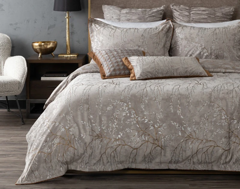 Luxembourg Velvet Duvet Cover, Cotton, Botanical, Grey,