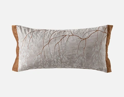 Luxembourg Velvet Boudoir Pillow Cover, Botanical, Grey, 24" x 12"