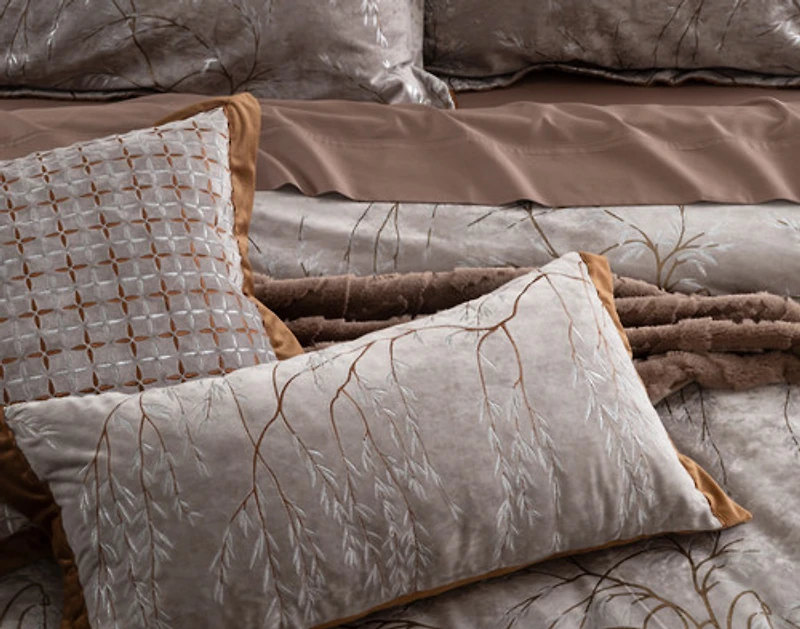 Luxembourg Velvet Boudoir Pillow Cover, Botanical, Grey, 24" x 12"