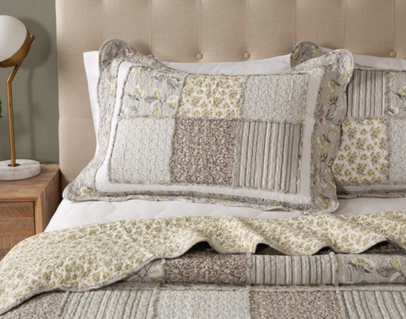 Meridith Cotton Quilt Set, Patchwork, Grey,