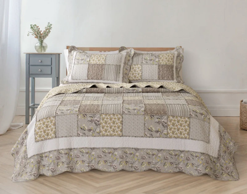Meridith Cotton Quilt Set, Patchwork, Grey,
