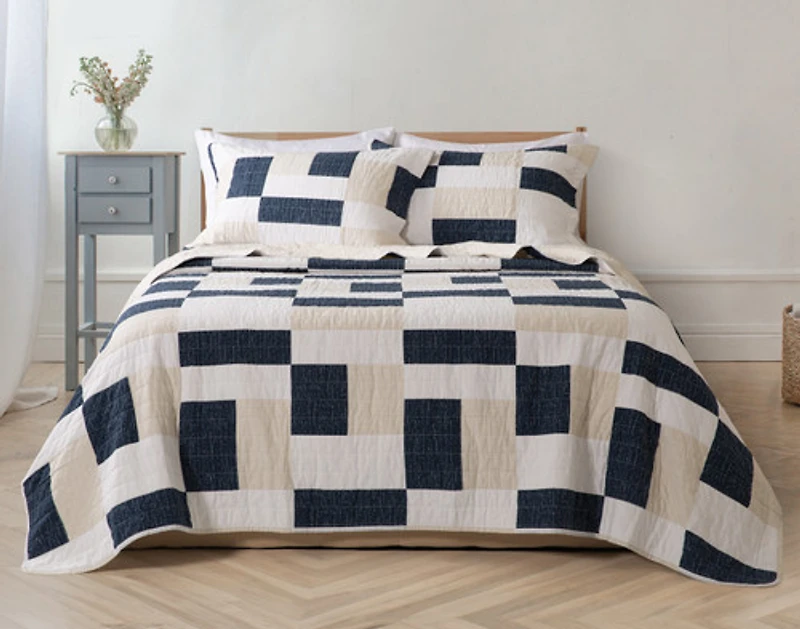 Zander Cotton Quilt Set, Patchwork, Blue,