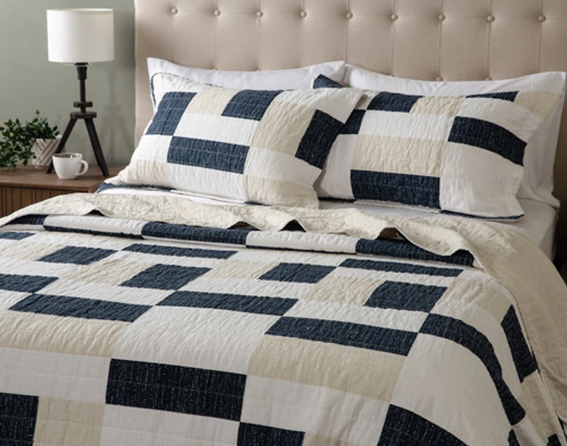 Zander Cotton Quilt Set, Patchwork, Blue,