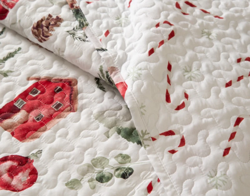 Snowy Village Recycled Polyester Coverlet Set, Seasonal, White,