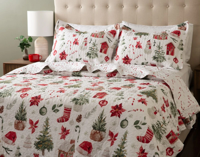 Snowy Village Recycled Polyester Coverlet Set, Seasonal, White,