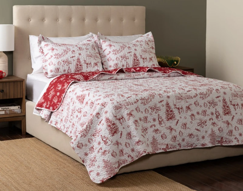 Yuletide Toile Recycled Polyester Coverlet Set, Seasonal, White,
