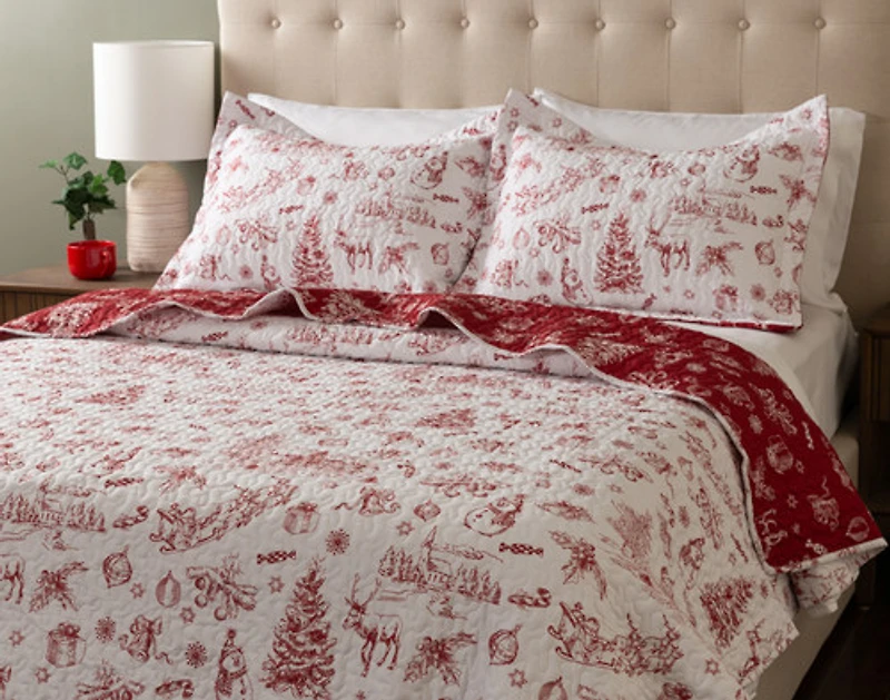 Yuletide Toile Recycled Polyester Coverlet Set, Seasonal, White,