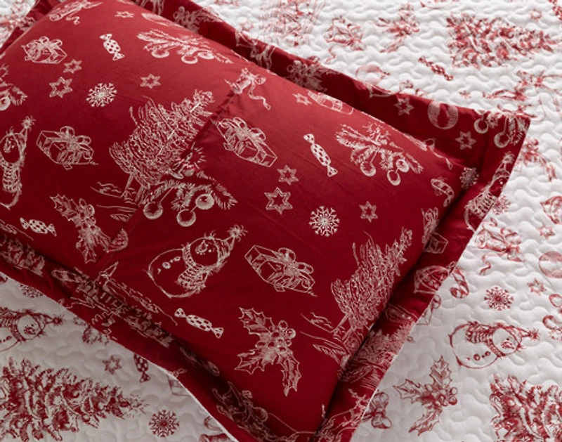 Yuletide Toile Recycled Polyester Coverlet Set, Seasonal, White,