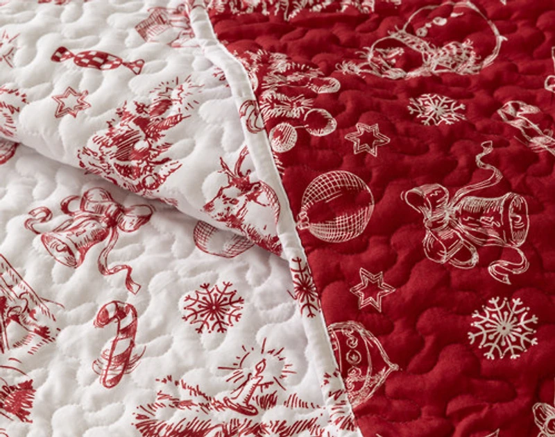 Yuletide Toile Recycled Polyester Coverlet Set, Seasonal, White,