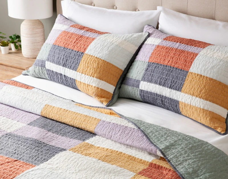 Domino Cotton Quilt Set, Geometric, Orange,