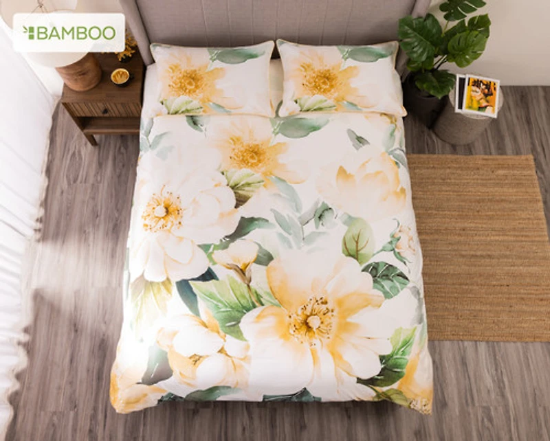 Oriana Duvet Cover, Cotton, Bamboo Floral, Yellow,