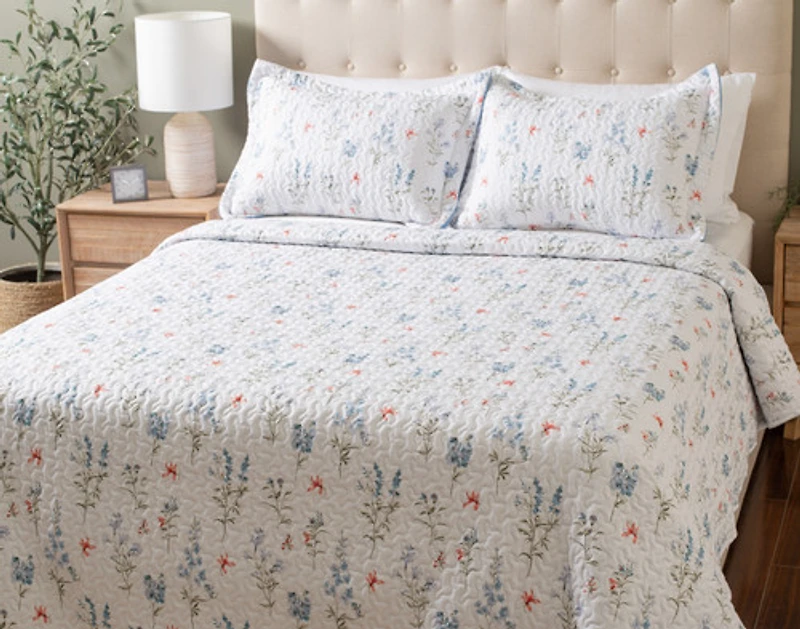 Delphine Recycled Polyester Coverlet Set, Floral, White,
