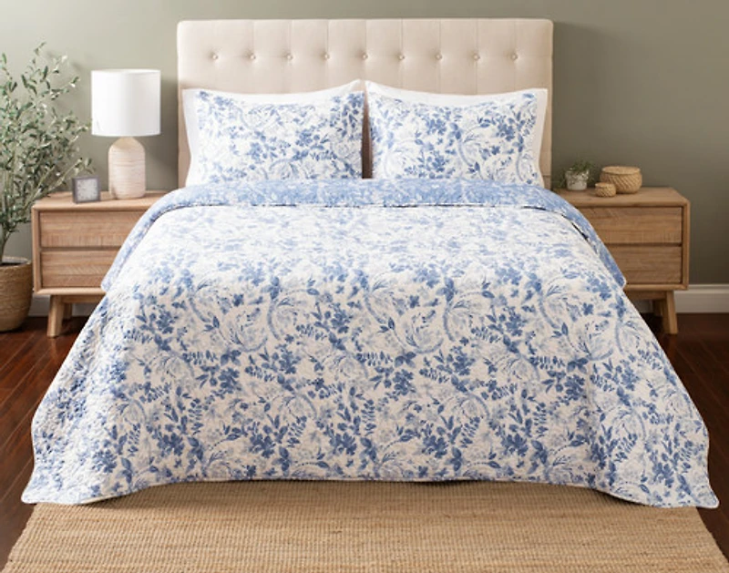 Willa Recycled Polyester Coverlet Set, Botanical, Blue,