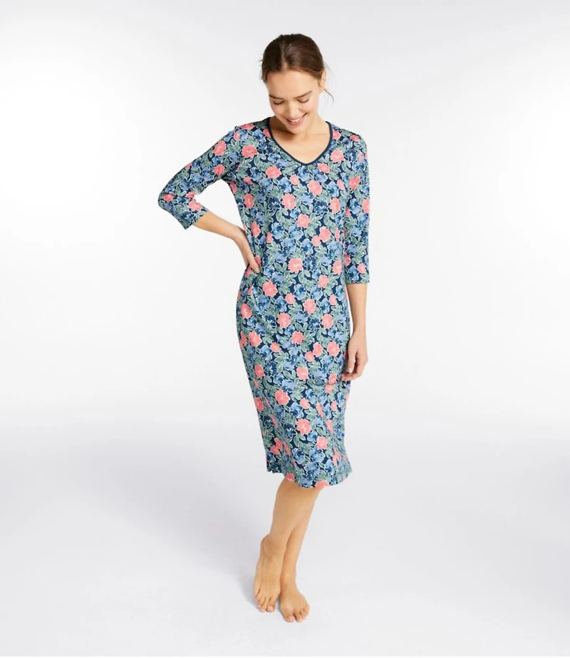 Women's Supima Nightgown, V-Neck Three-Quarter-Sleeve, Print