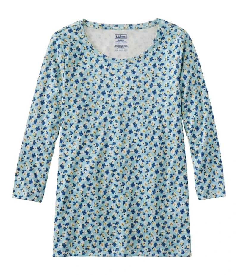 Women's Pima Cotton Shaped Jewelneck Tee, Three-Quarter-Sleeve Print