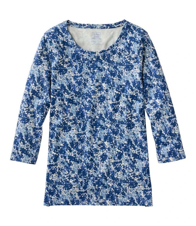 Women's Pima Cotton Shaped Jewelneck Tee, Three-Quarter-Sleeve Print