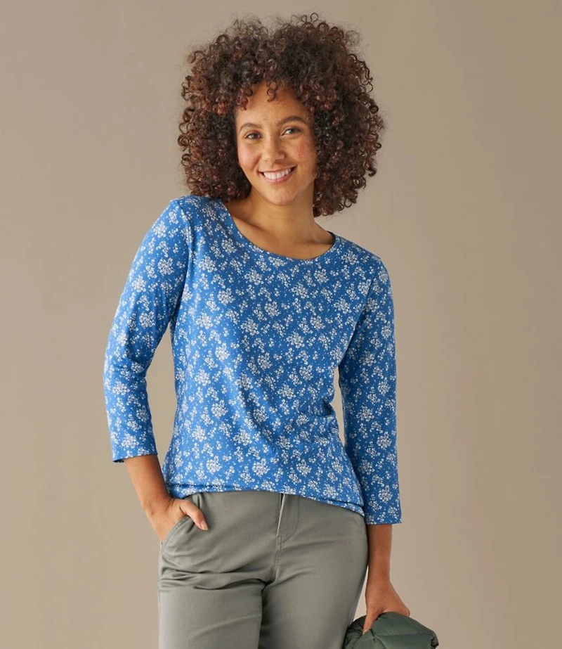 Women's Pima Cotton Shaped Jewelneck Tee, Three-Quarter-Sleeve Print