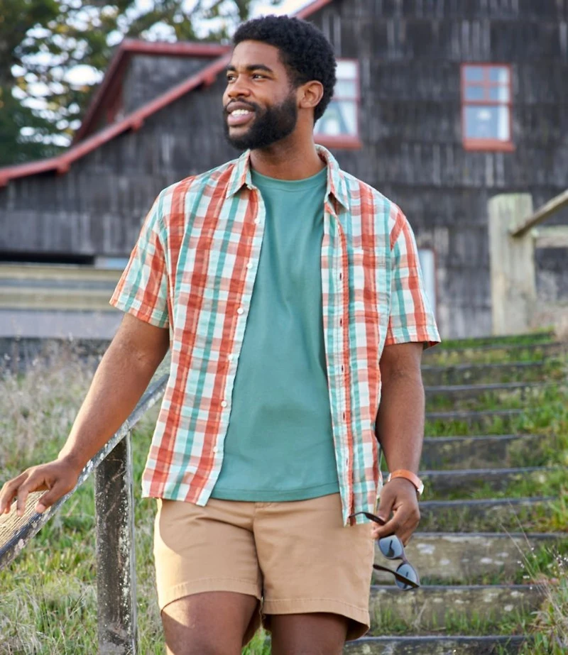 Men's Organic Cotton Seersucker Shirt, Short-Sleeve, Slightly Fitted, Plaid