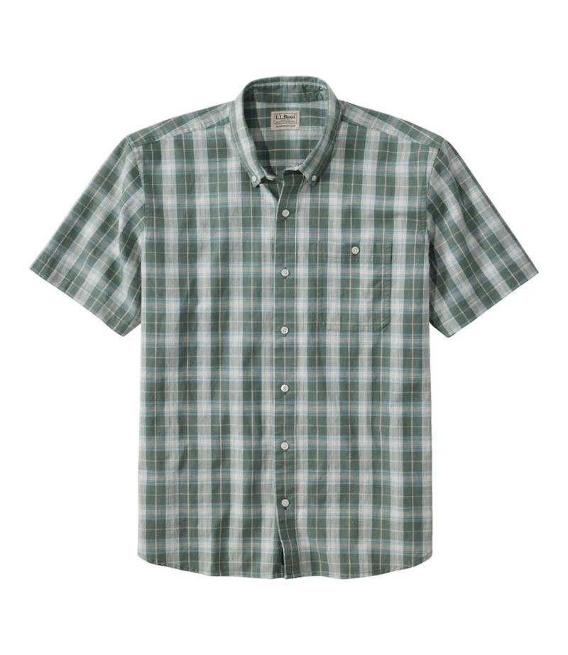 Men's Comfort Stretch® Chambray Shirt, Traditional Untucked Fit, Short-Sleeve, Plaid