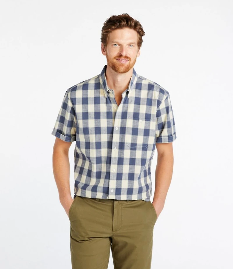 Men's Comfort Stretch® Chambray Shirt, Traditional Untucked Fit, Short-Sleeve, Plaid