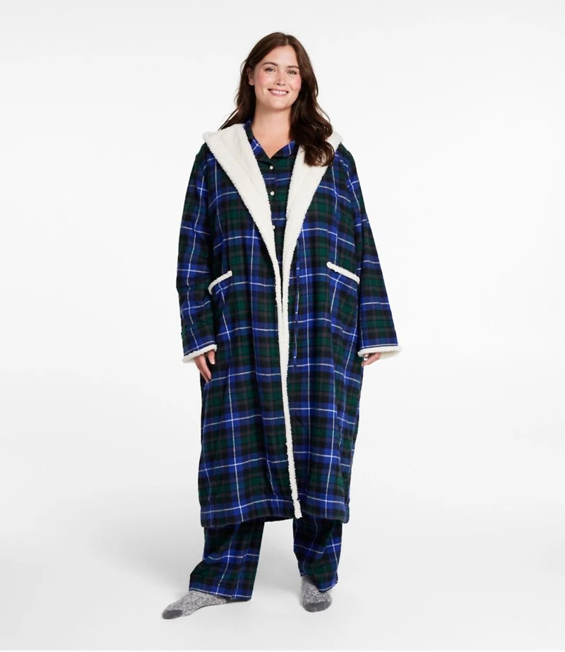 Women's Scotch Plaid Flannel Robe, Sherpa-Lined Long