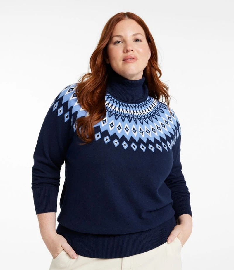 Women's Cotton/Cashmere Sweater, Turtleneck Fair Isle