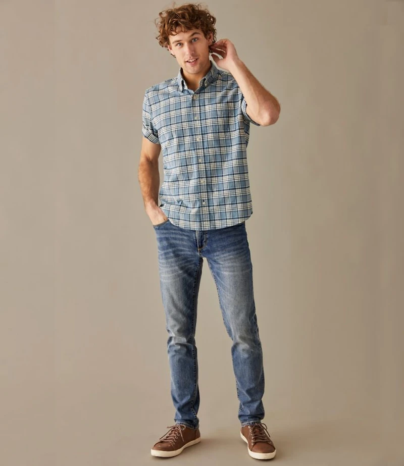 Men's Comfort Stretch® Oxford, Slightly Fitted Untucked Fit, Short-Sleeve, Plaid