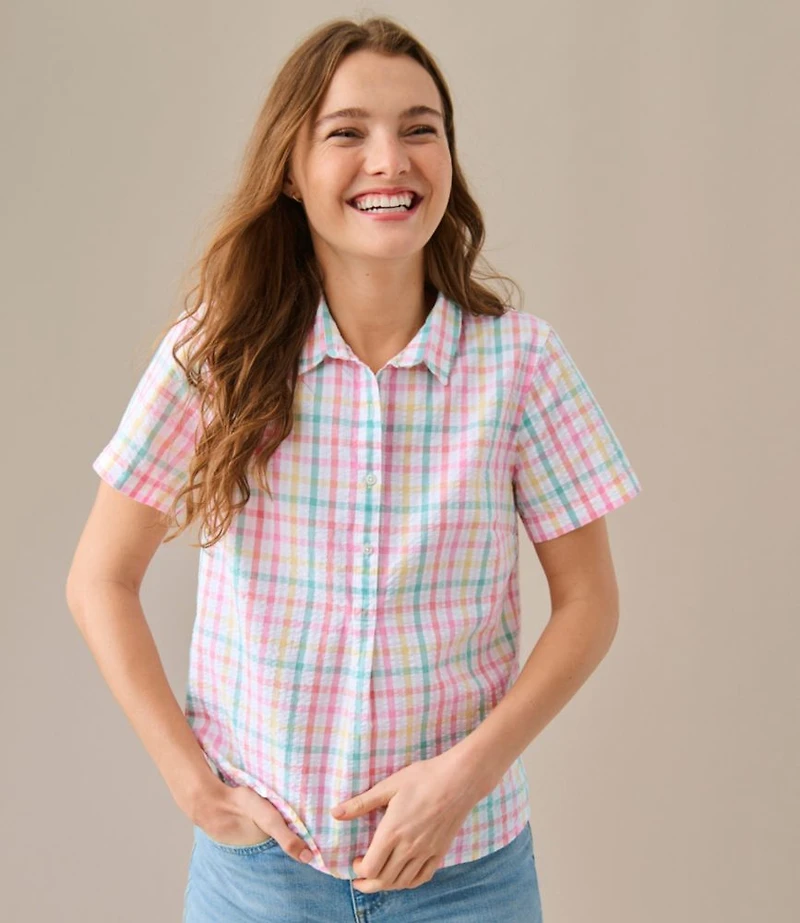 Women's Vacationland Seersucker Shirt, Short-Sleeve Popover Plaid