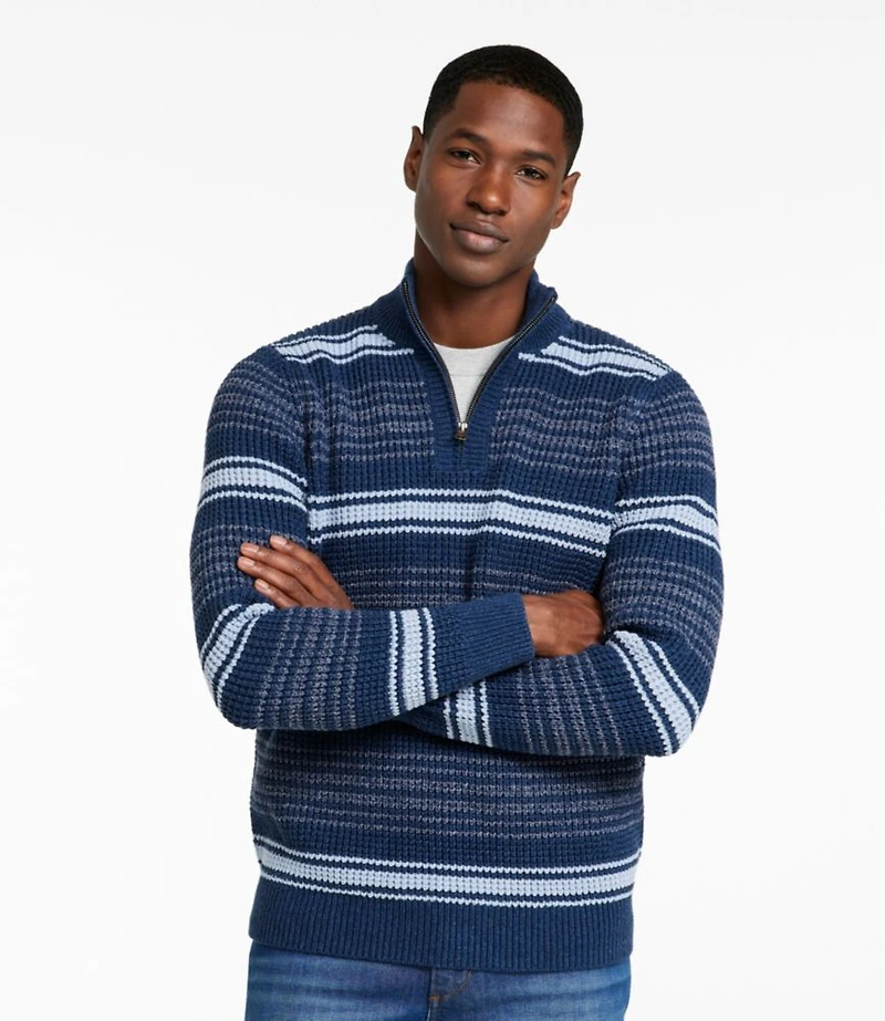 Men's Organic Cotton Waffle Sweater, Quarter Zip, Stripe
