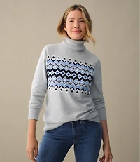 Women's Cotton/Cashmere Sweater, Turtleneck Intarsia