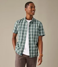 Men's Comfort Stretch® Chambray Shirt, Slightly Fitted Untucked Fit, Short-Sleeve, Plaid