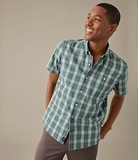 Men's Comfort Stretch® Chambray Shirt, Slightly Fitted Untucked Fit, Short-Sleeve, Plaid