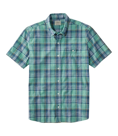 Men's Comfort Stretch® Chambray Shirt, Slightly Fitted Untucked Fit, Short-Sleeve, Plaid