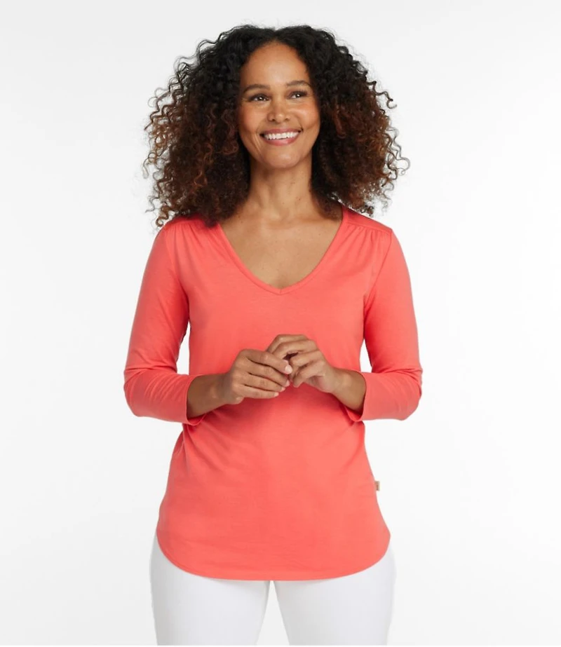 Women's Soft Stretch Supima-Blend Tee, Three-Quarter-Sleeve V-Neck