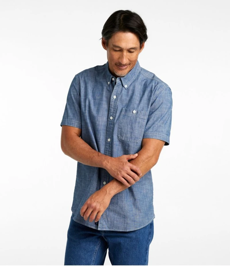 Men's Comfort Stretch® Chambray Shirt, Slightly Fitted Untucked Fit, Short-Sleeve