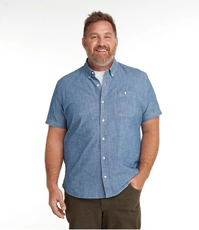 Men's Comfort Stretch® Chambray Shirt, Slightly Fitted Untucked Fit, Short-Sleeve