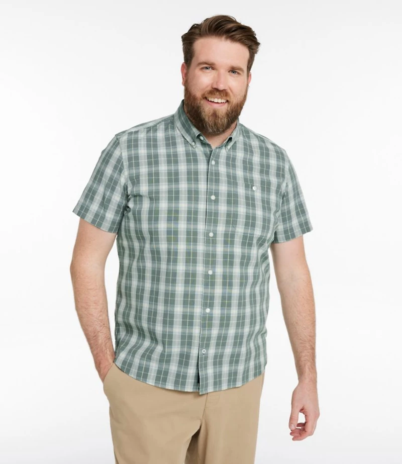 Men's Comfort Stretch® Chambray Shirt, Slightly Fitted Untucked Fit, Short-Sleeve, Plaid