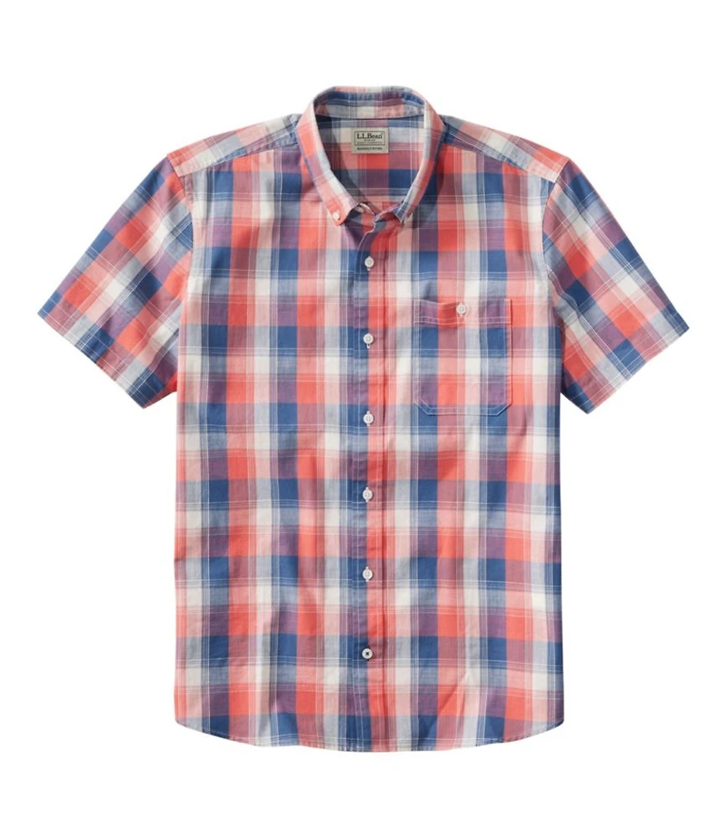 Men's Comfort Stretch® Chambray Shirt, Slightly Fitted Untucked Fit, Short-Sleeve, Plaid