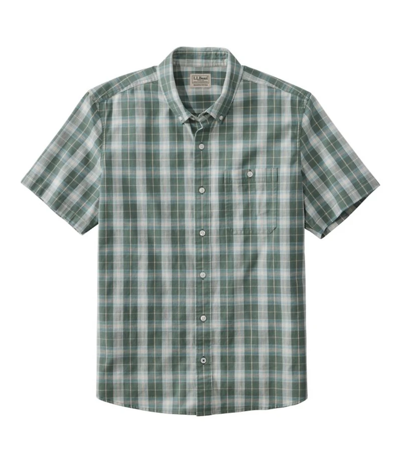 Men's Comfort Stretch® Chambray Shirt, Slightly Fitted Untucked Fit, Short-Sleeve, Plaid
