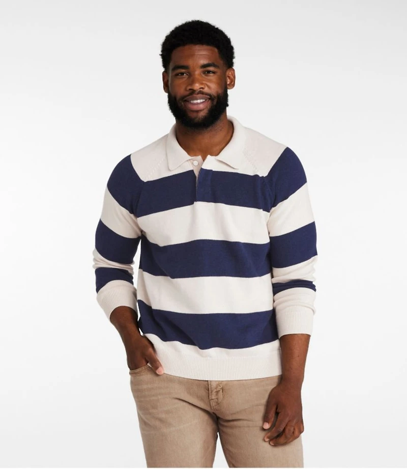 Men's Wicked Soft Cotton/Cashmere Sweater, Rugby Polo, Stripe