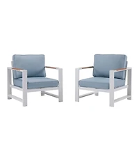 White Aluminum Deep Seating Armchair with Blue Cushions, Set of Two