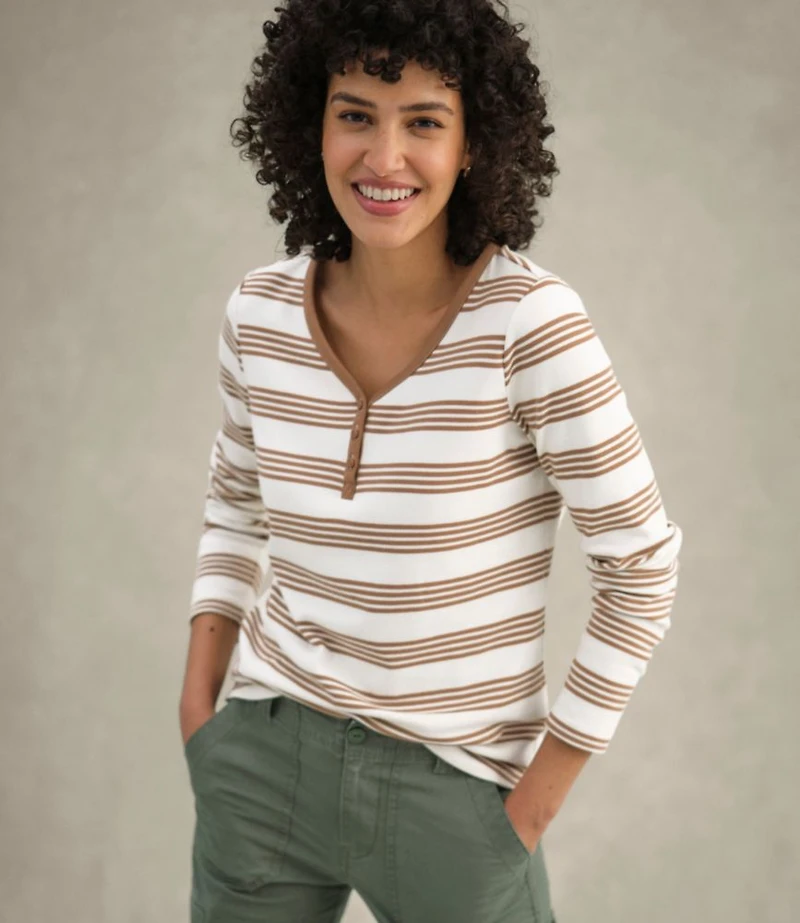 Women's L.L.Bean V-Neck Henley, Long-Sleeve Stripe