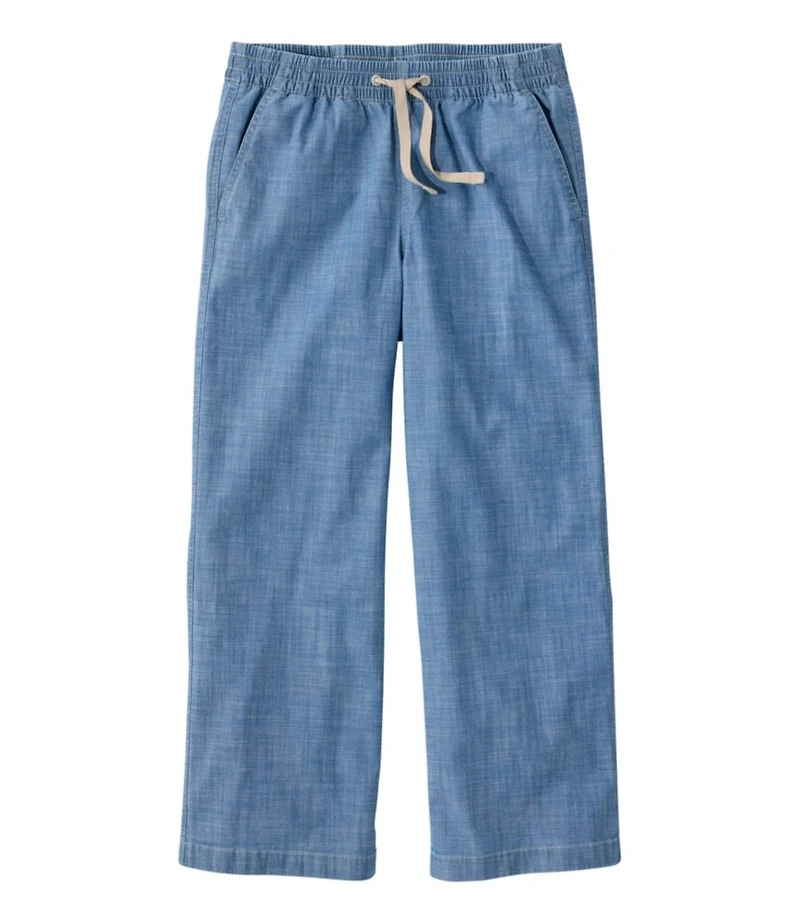 Women's Lakewashed Pull-On Chinos, Mid-Rise Wide-Leg Crop Chambray