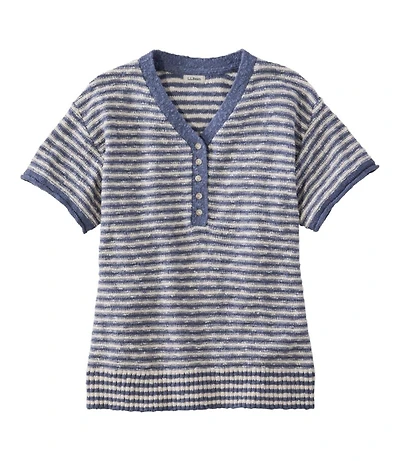 Women's Midweight Cotton Slub Sweater, Henley Short-Sleeve Stripe