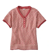 Women's Midweight Cotton Slub Sweater, Henley Short-Sleeve Stripe