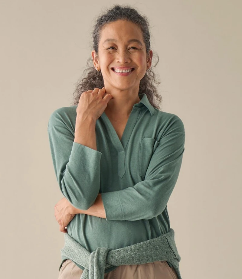 Women's Linen/Cotton Tee, Three-Quarter-Sleeve Splitneck Polo